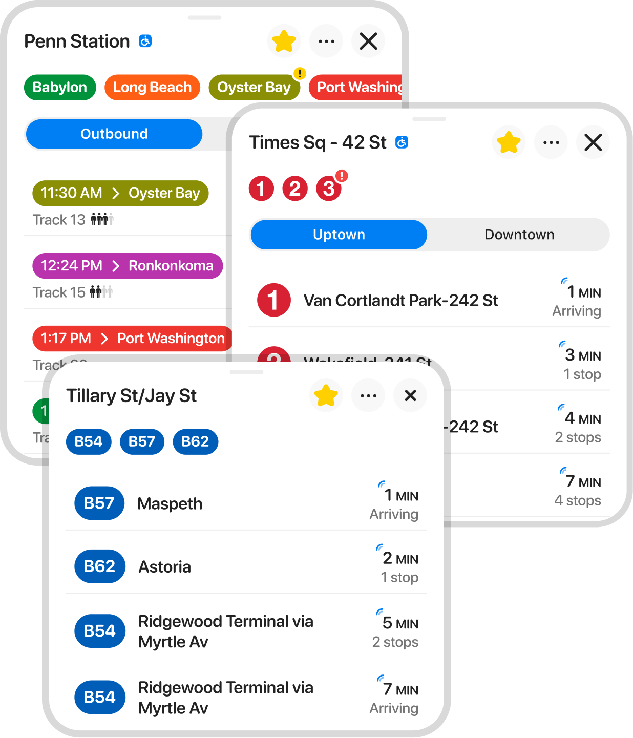 Go NYC app showing favorite subway, bus and train stops.
