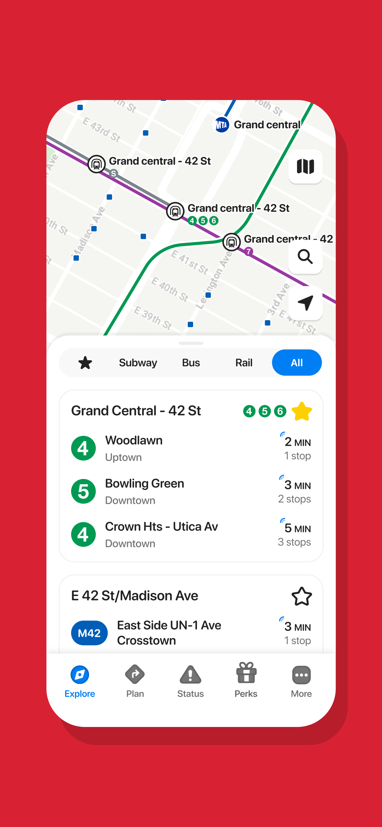 Go NYC app showing subway, bus and train departures.